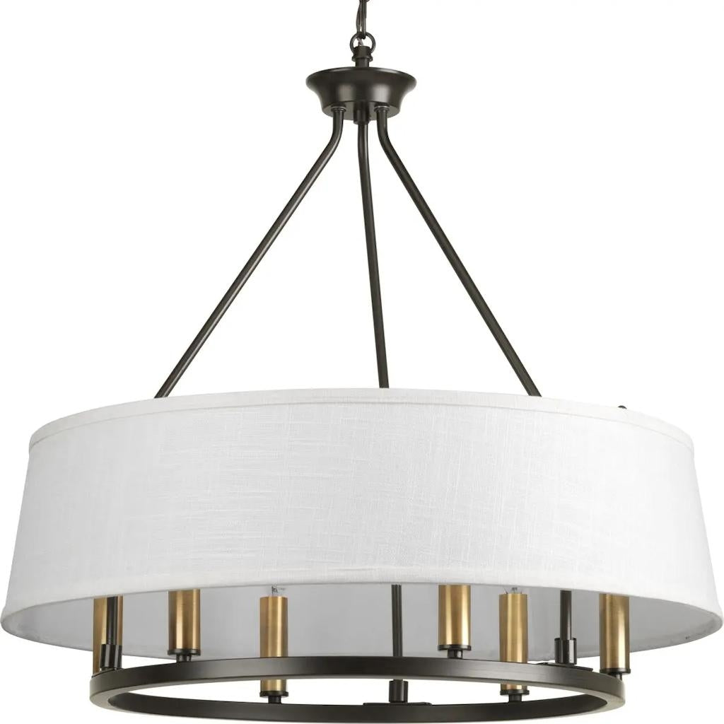 6 Light Antique Bronze White Linen Shade Coastal Style Chandelier Light Fixture 1