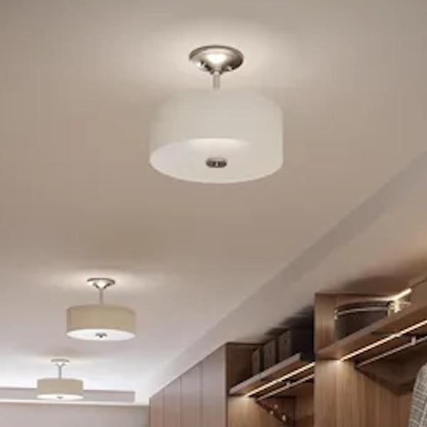 2 Light 120 volt Brushed Nickel Fabric Shade Etched Glass Diffuser Ceiling Light Fixture 2