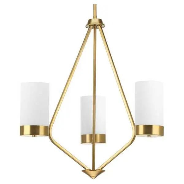 3 Light Brushed Bronze Etched White Glass Shade Chandelier Light Fixture 1