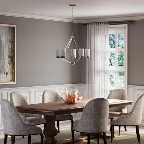 5 Light Polished Chrome Etched White Glass Shade Chandelier Light Fixture 2