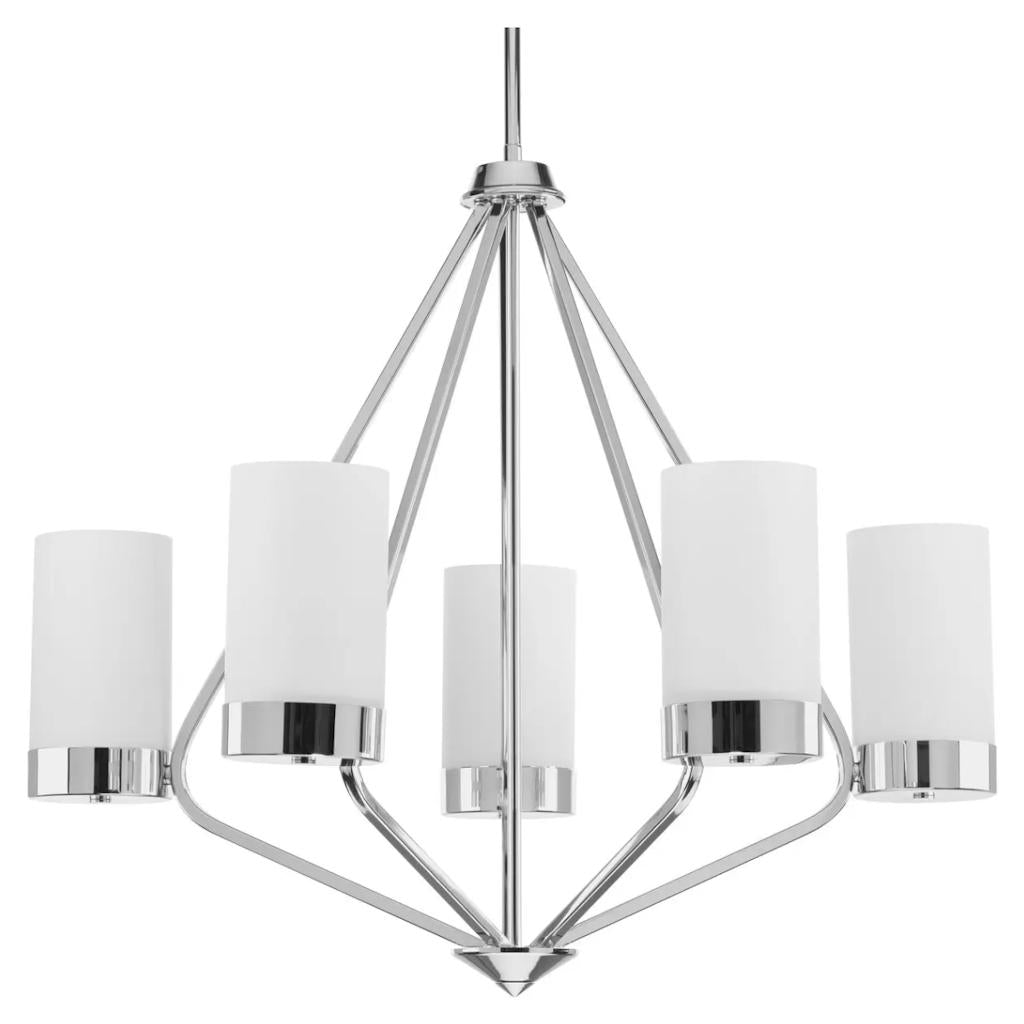 5 Light Polished Chrome Etched White Glass Shade Chandelier Light Fixture 1
