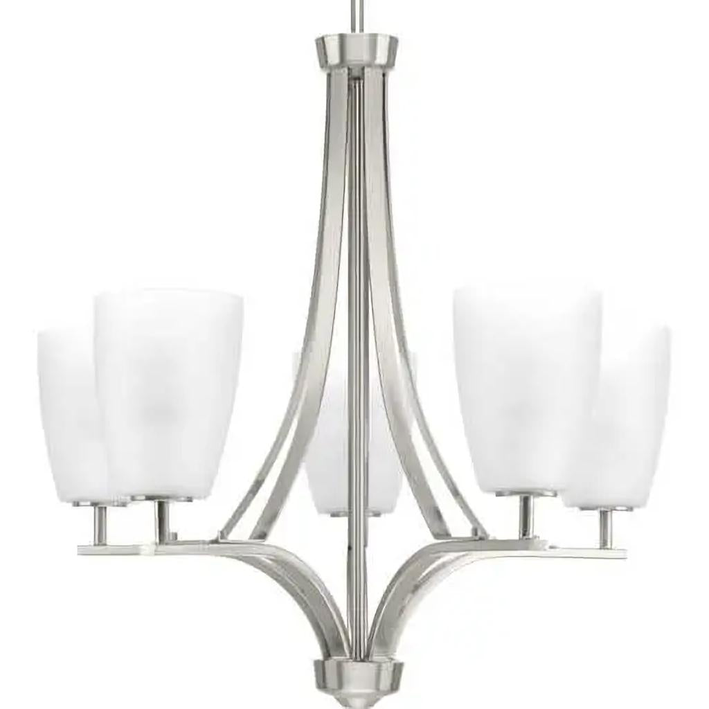 5 Light Brushed Nickel Etched Opal Glass Shade Chandelier Light Fixture 1