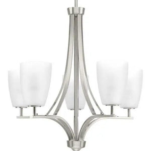 5 Light Brushed Nickel Etched Opal Glass Shade Chandelier Light Fixture 1