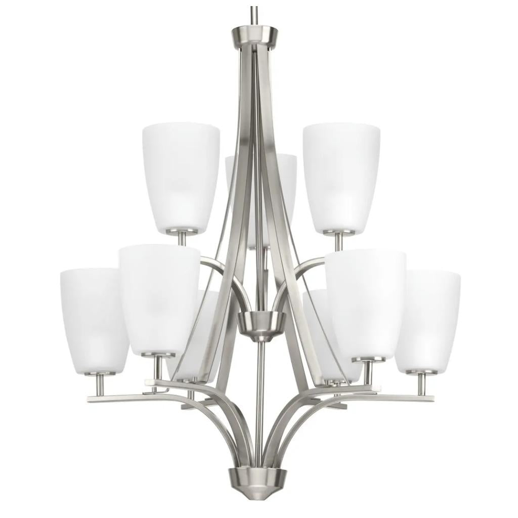 9 Light Brushed Nickel Etched Glass Shade Chandelier Light Fixture 1