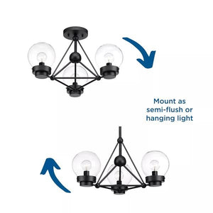 3 Light Matte Black Clear Glass Globe Ceiling Light Fixture 3