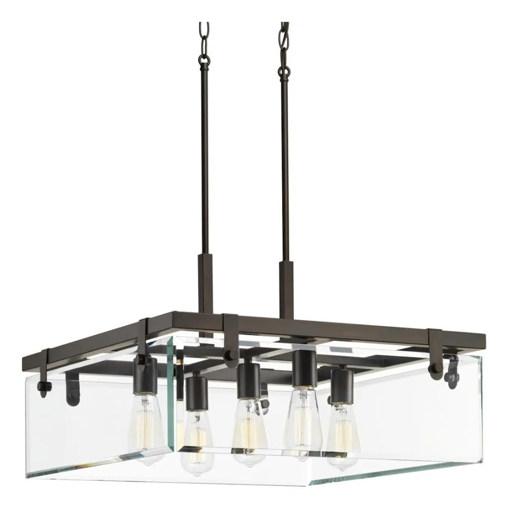 5 Light Antique Bronze Clear Beveled Panel Glass Pendant Light Fixture 1