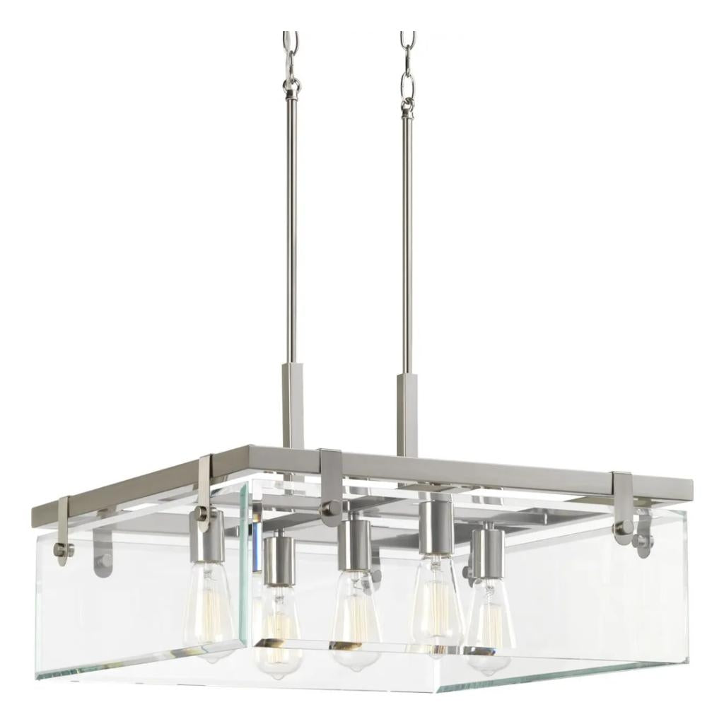5 Light Brushed Nickel Clear Beveled Panel Glass Pendant Light Fixture 1
