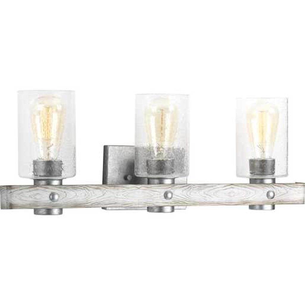 3 Light 120 volt Galvanized Finish Vanity Clear Seeded Glass Light Fixture 1