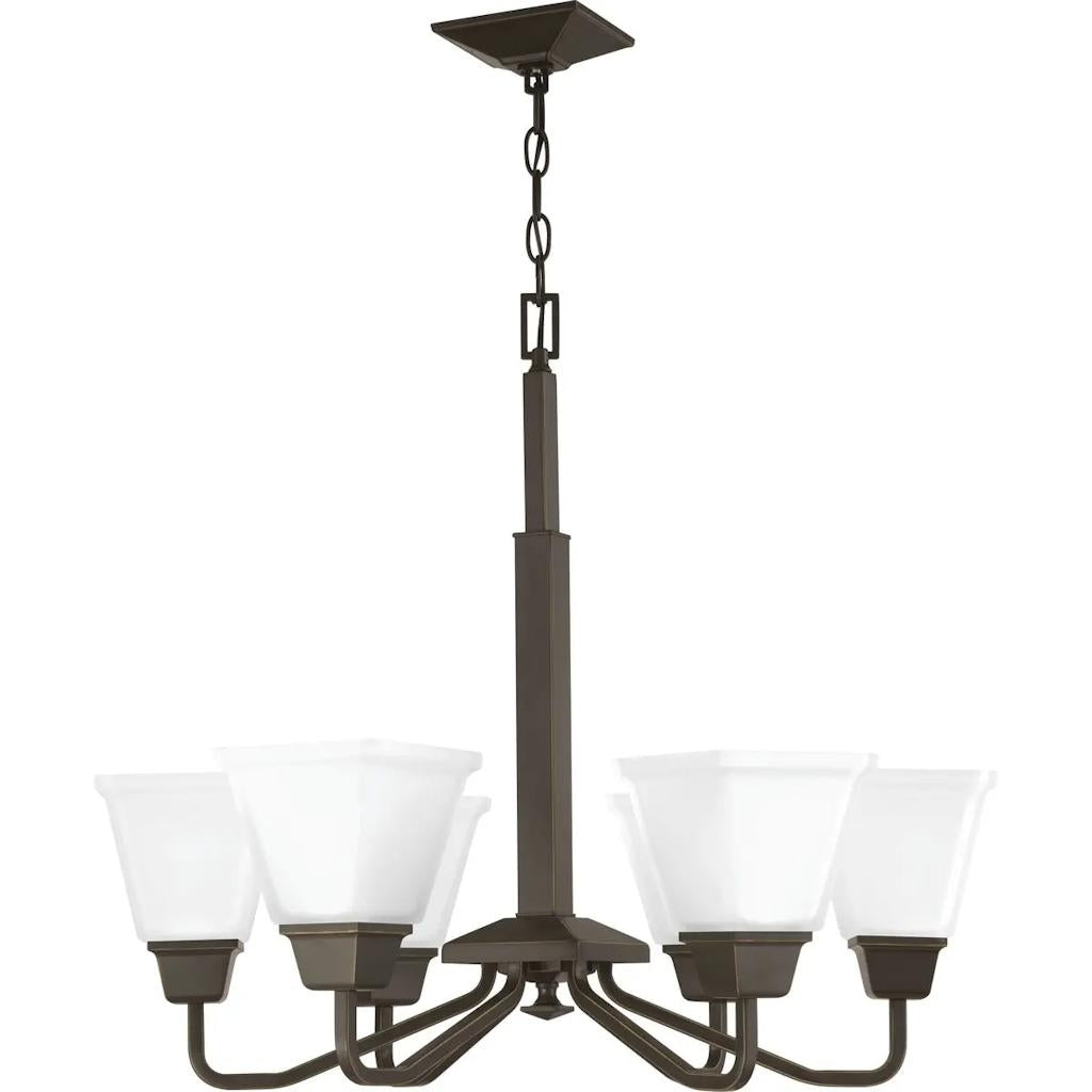 6 Light Antique Bronze Etched Opal Glass Shade Chandelier Light Fixture 1