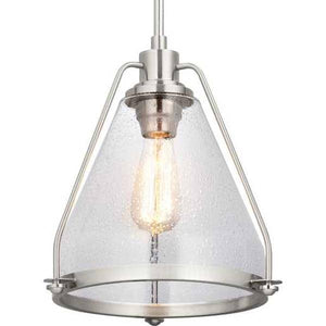 1 Light Brushed Nickel Metal Shade Clear Seeded Glass Shade Dimmable Pendant Light Fixture 2