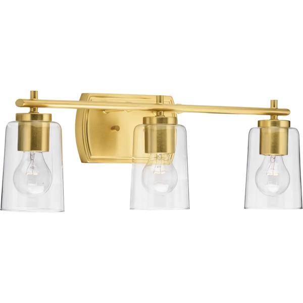 3 Light 120 volt Satin Brass Vanity Clear Glass Light Fixture 2