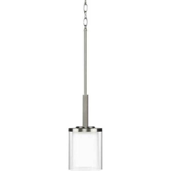1 Light Brushed Nickel Clear Glass with Etched White Glass Shade Mini Pendant Light Fixture 2
