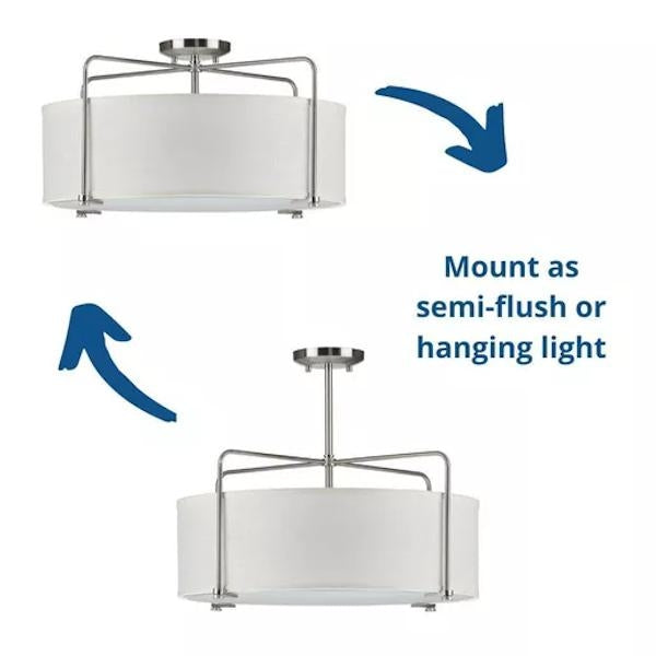 3 Light 120 volt Brushed Nickel Fabric Shade Etched Glass Diffuser Ceiling Light Fixture 2