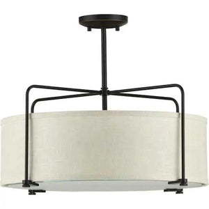 3 Light 120 volt Antique Bronze Fabric Shade Etched Glass Diffuser Ceiling Light Fixture 2