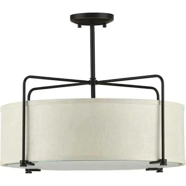 3 Light 120 volt Antique Bronze Fabric Shade Etched Glass Diffuser Ceiling Light Fixture 2