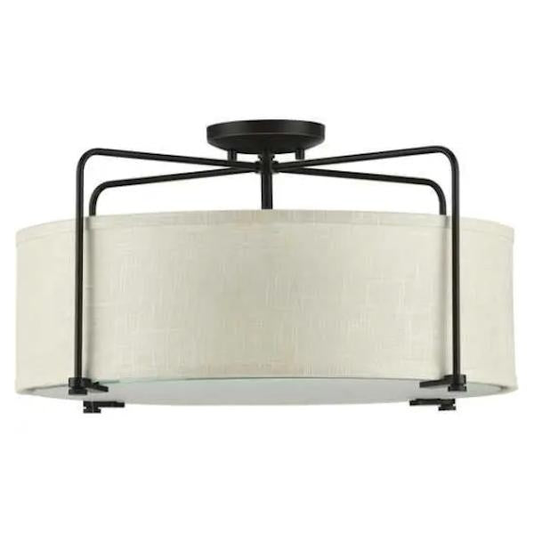 3 Light 120 volt Antique Bronze Fabric Shade Etched Glass Diffuser Ceiling Light Fixture 1