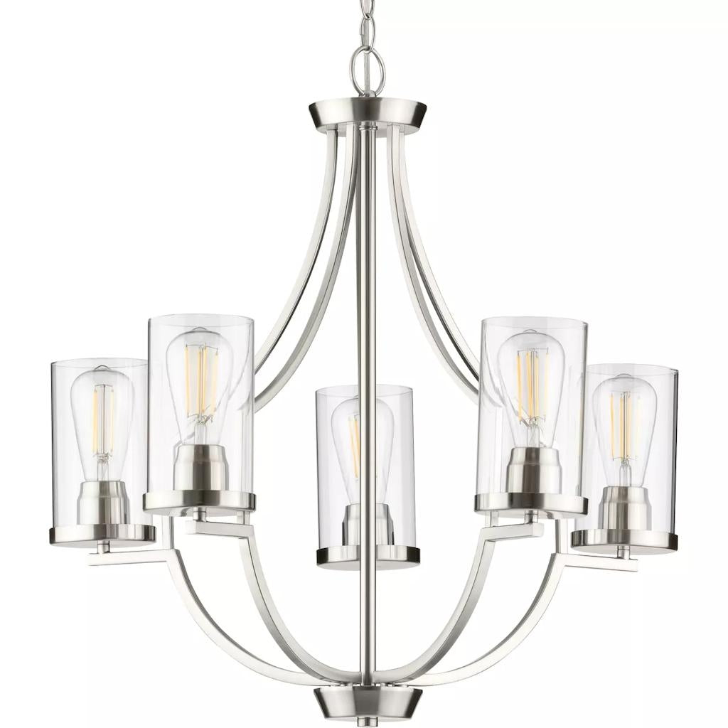 5 Light Brushed Nickel Clear Glass Shade Chandelier Light Fixture 1