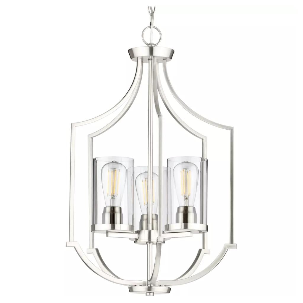 3 Light Brushed Nickel Clear Glass Shade Pendant Light Fixture 1