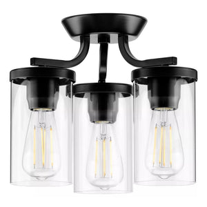 3 Light 120 volt Matte Black Clear Glass Shades Ceiling Light Fixture 1