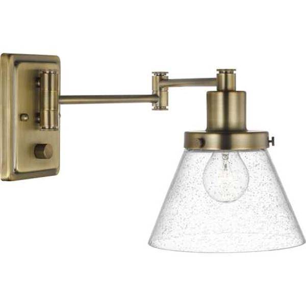 1 Light 120 volt Vintage Brass Vanity Clear Seeded Glass Swing Arm Light Fixture 1
