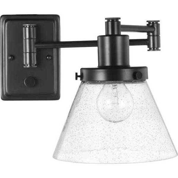 1 Light 120 volt Matte Black Vanity Clear Seeded Glass Swing Arm Light Fixture 2