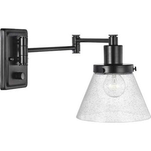 1 Light 120 volt Matte Black Vanity Clear Seeded Glass Swing Arm Light Fixture 1