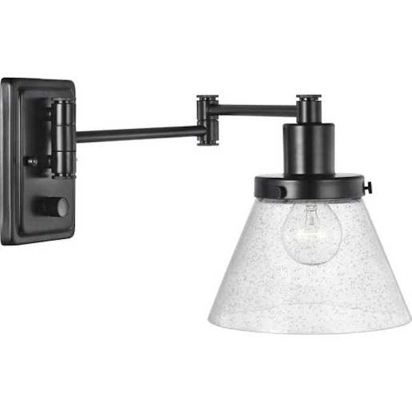 1 Light 120 volt Matte Black Vanity Clear Seeded Glass Swing Arm Light Fixture 1