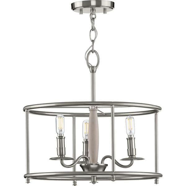 3 Light Brushed Nickel Open-Cage Design Wooden Column Accent Ceiling Light Fixture 2