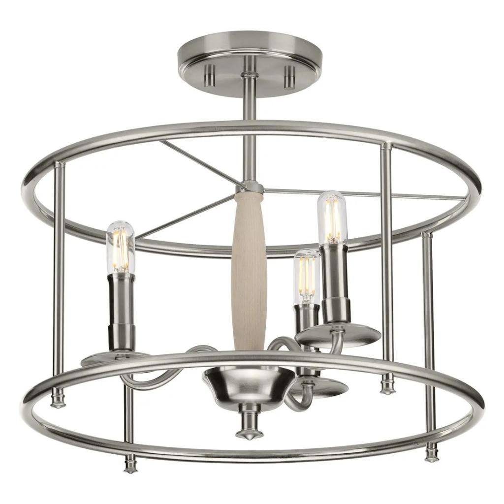 3 Light Brushed Nickel Open-Cage Design Wooden Column Accent Ceiling Light Fixture 1