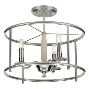 3 Light Brushed Nickel Open-Cage Design Wooden Column Accent Ceiling Light Fixture 1