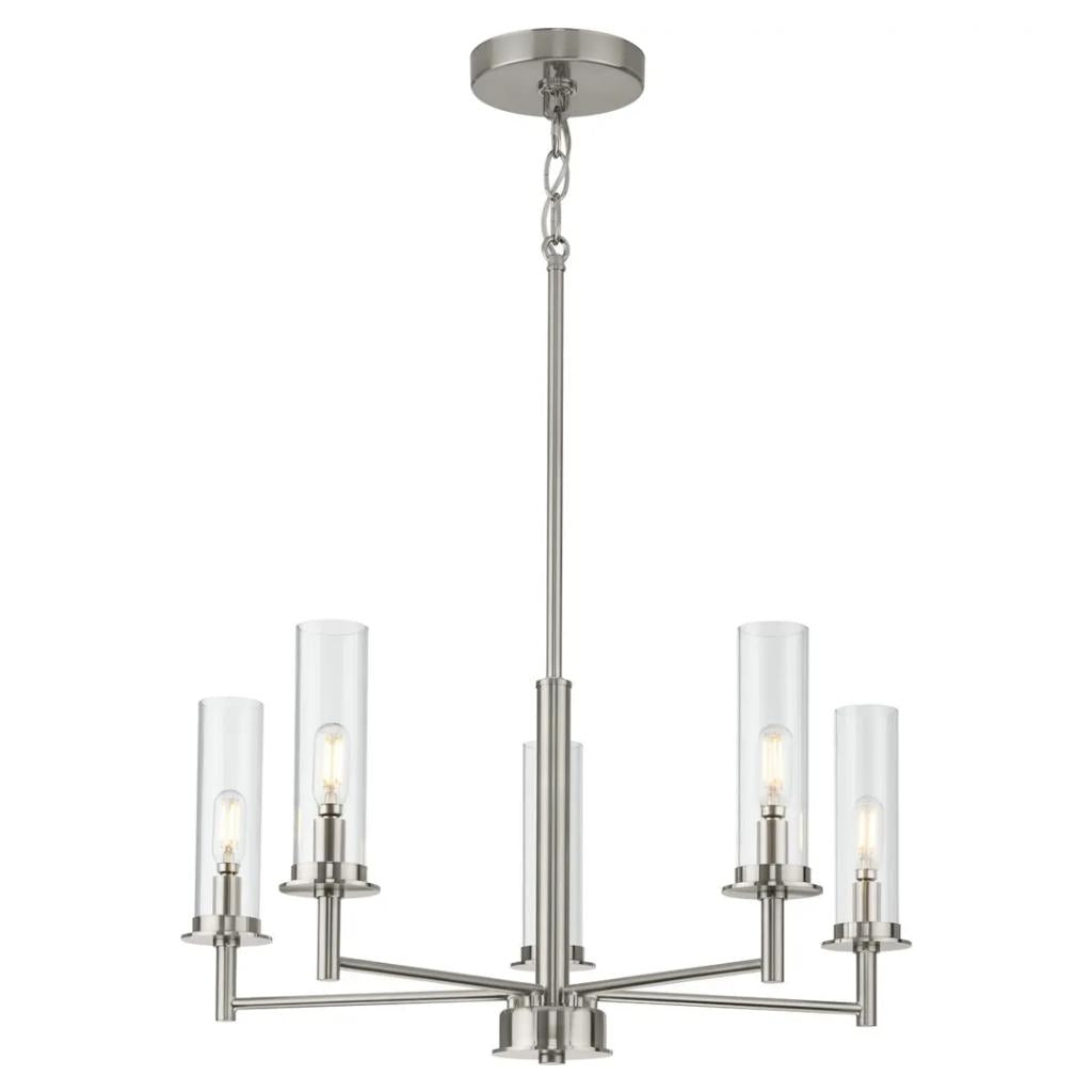 5 Light Brushed Nickel Clear Glass Shade Semi-Flush or Hanging Pendant Chandelier Light Fixture 1