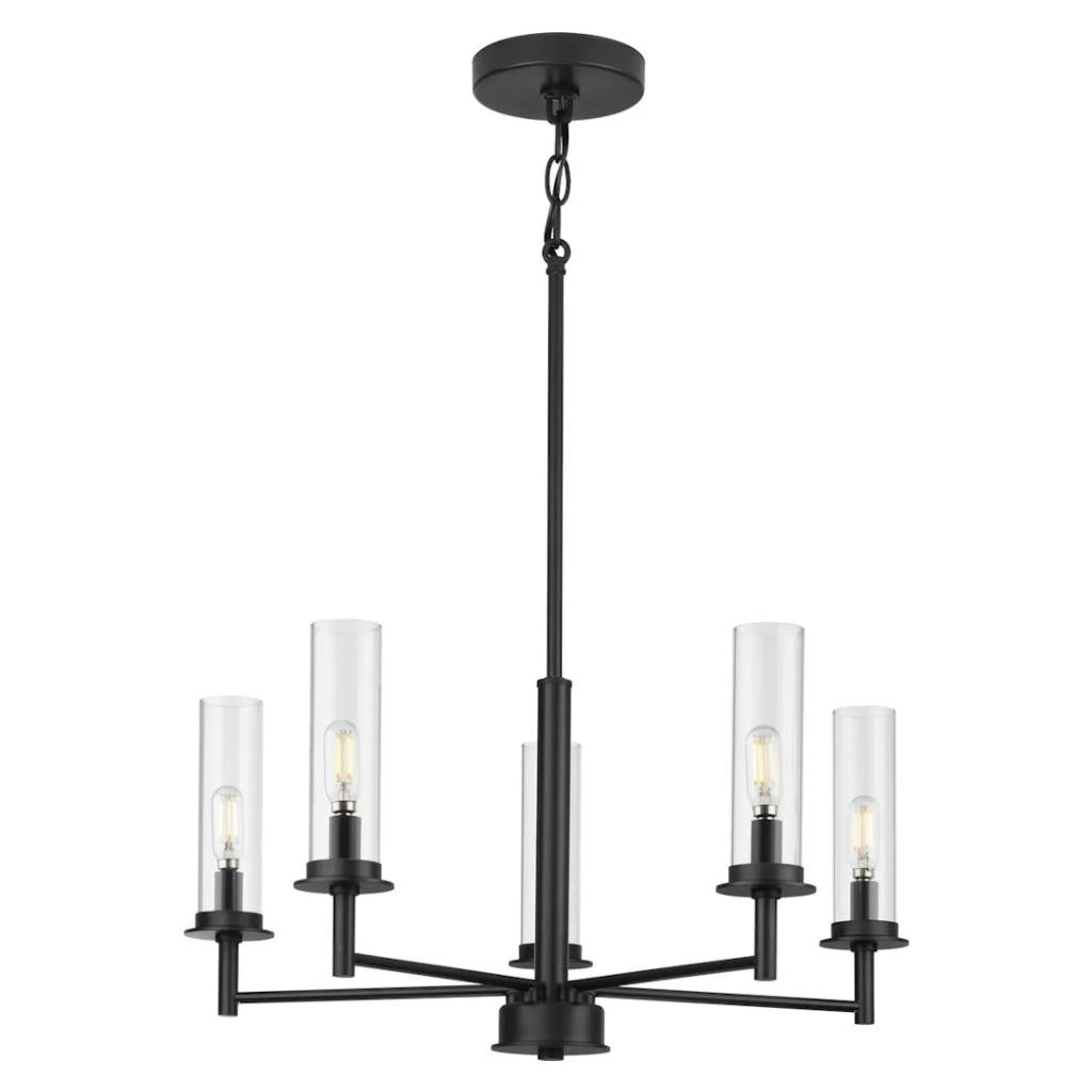5 Light Matte Black Clear Glass Shade Semi-Flush or Hanging Pendant Chandelier Light Fixture 1