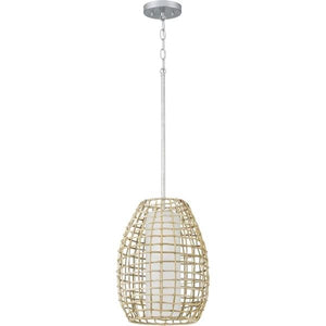 1 Light Galvanized Finish Etched Glass Natural Rattan Accents Outdoor Pendant Light Fixture 2