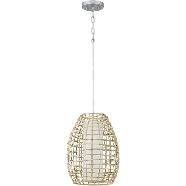 1 Light Galvanized Finish Etched Glass Natural Rattan Accents Outdoor Pendant Light Fixture 2
