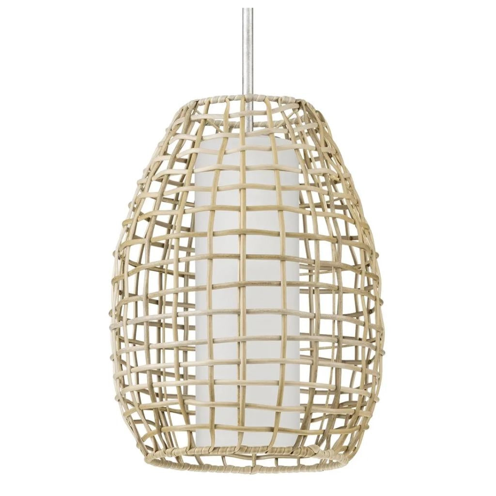 1 Light Galvanized Finish Etched Glass Natural Rattan Accents Outdoor Pendant Light Fixture 1