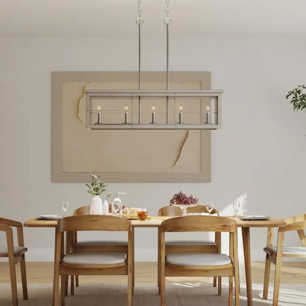 5 Light Brushed Nickel Grey Washed Oak Linear Chandelier Light Fixture 2