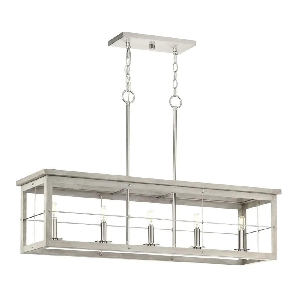 5 Light Brushed Nickel Grey Washed Oak Linear Chandelier Light Fixture 1