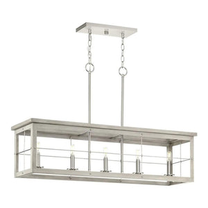 5 Light Brushed Nickel Grey Washed Oak Linear Chandelier Light Fixture 1