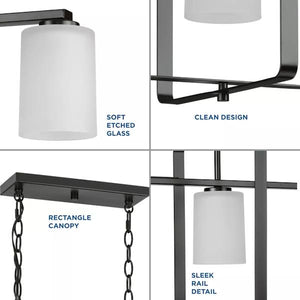 4 Light Matte Black Clear Etched Shade Linear Chandelier Light Fixture 2