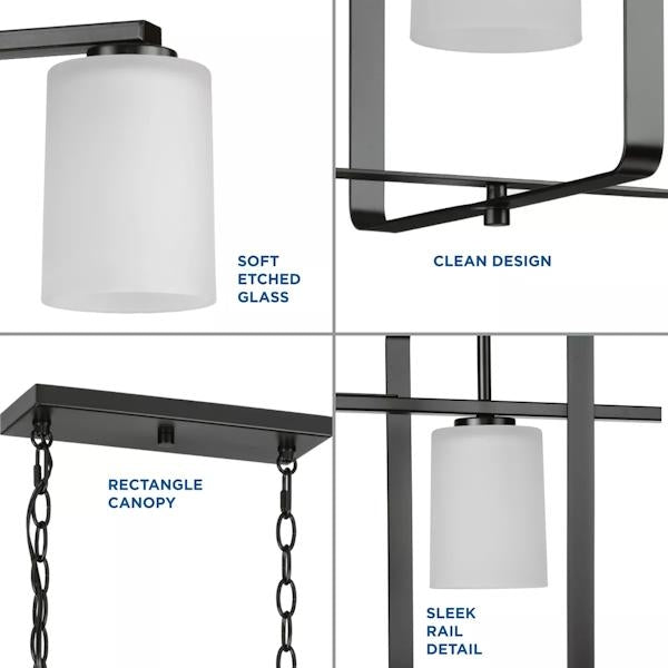 4 Light Matte Black Clear Etched Shade Linear Chandelier Light Fixture 2