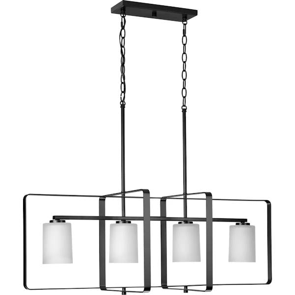 4 Light Matte Black Clear Etched Shade Linear Chandelier Light Fixture 3