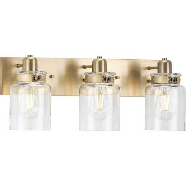 3 Light 120 volt Vintage Brass Vanity Clear Glass Light Fixture 1