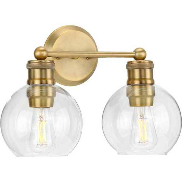 2 Light 120 volt Vintage Brass Vanity Clear Spherical Glass Light Fixture 1
