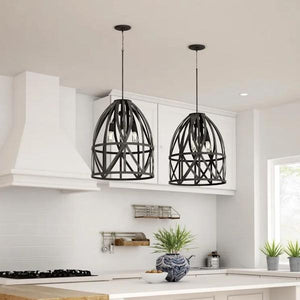 3 Light Black Oak Basket Farmhouse Style Pendant Light Fixture 3
