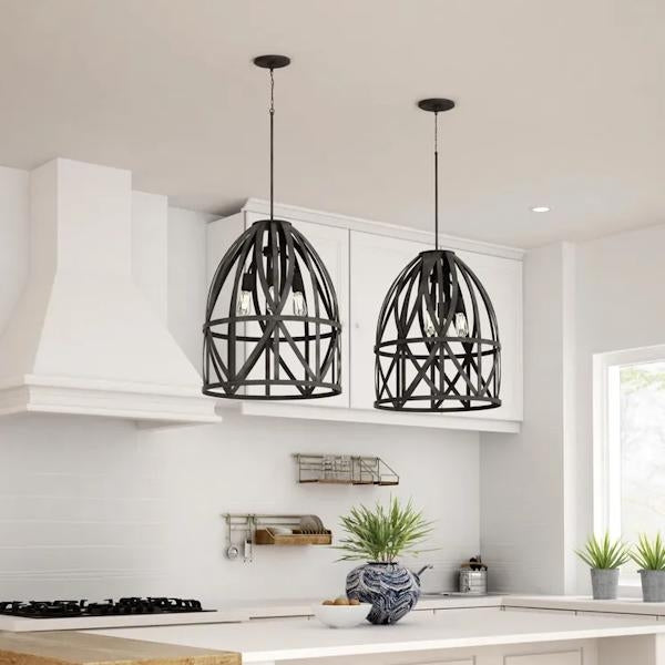 3 Light Black Oak Basket Farmhouse Style Pendant Light Fixture 3