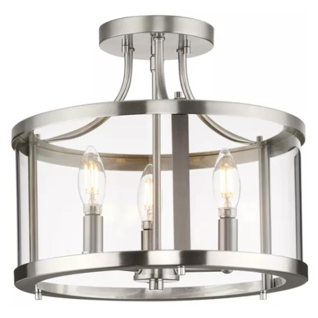 3 Light 120 volt Brushed Nickel Clear Curved Glass Pane Ceiling Light Fixture 1