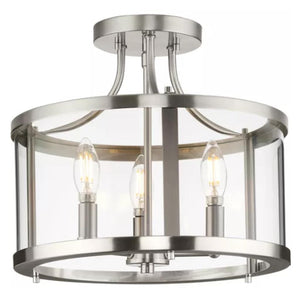 3 Light 120 volt Brushed Nickel Clear Curved Glass Pane Ceiling Light Fixture 1