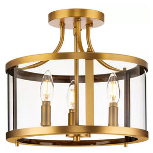 3 Light 120 volt Vintage Brass Clear Curved Glass Pane Ceiling Light Fixture 1