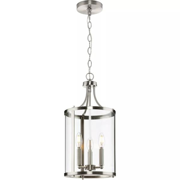 3 Light Brushed Nickel Clear Curved Glass Panels Hall & Foyer Pendant Light Fixture 3