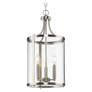 3 Light Brushed Nickel Clear Curved Glass Panels Hall & Foyer Pendant Light Fixture 1